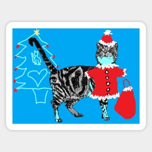 Santa Paws Tabby Cat Christmas Drawing Blue Sticker